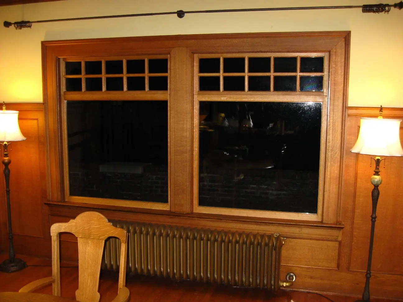 Interior pair of Craftsman windows with divided upper lites