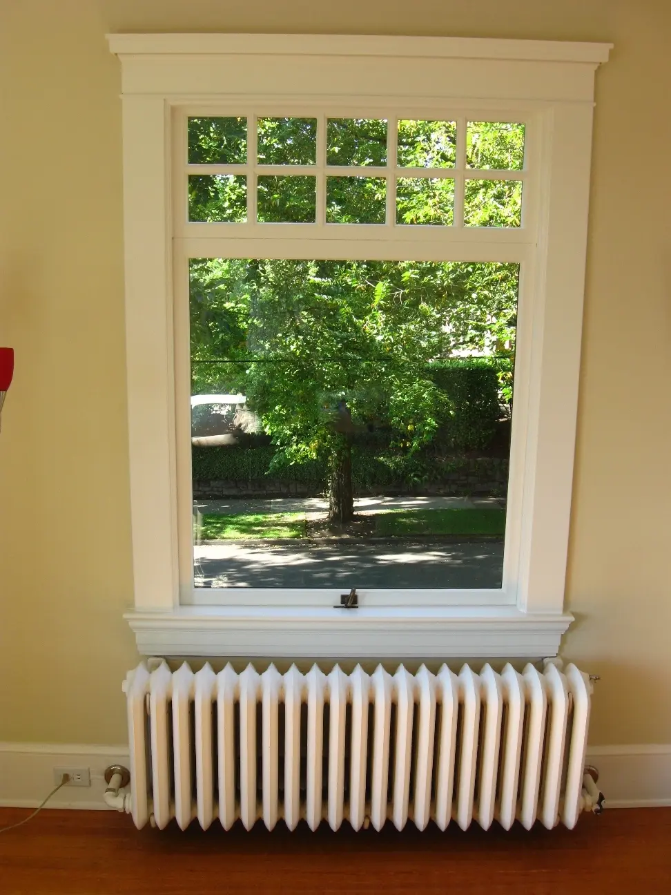 Interior view through a single custom Craftsman window