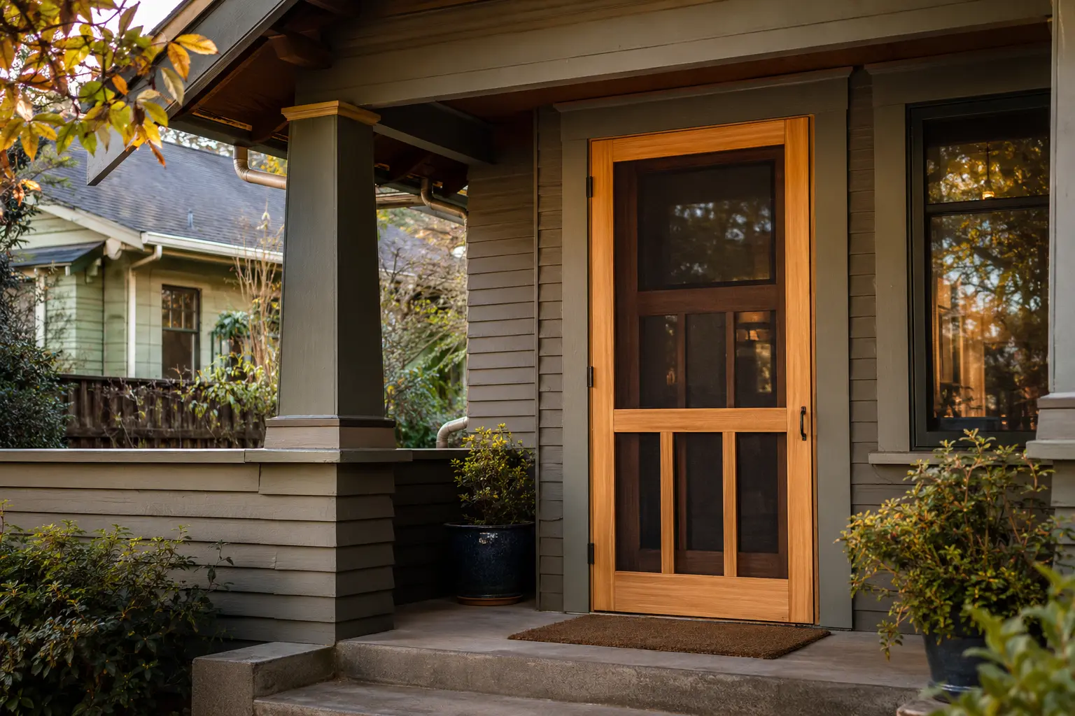 Installed custom wood screen door on a Craftsman porch